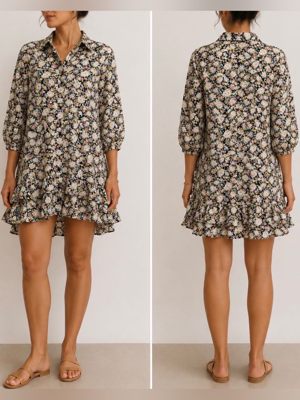 Floral Button Front Ruffle Tunic Dress Pockets High Low Boho Code x Mode S